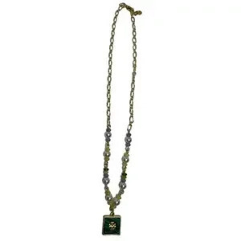 Tory Burch New Green Square Logo Pendant Beaded Pearl Gold-Toned Necklace